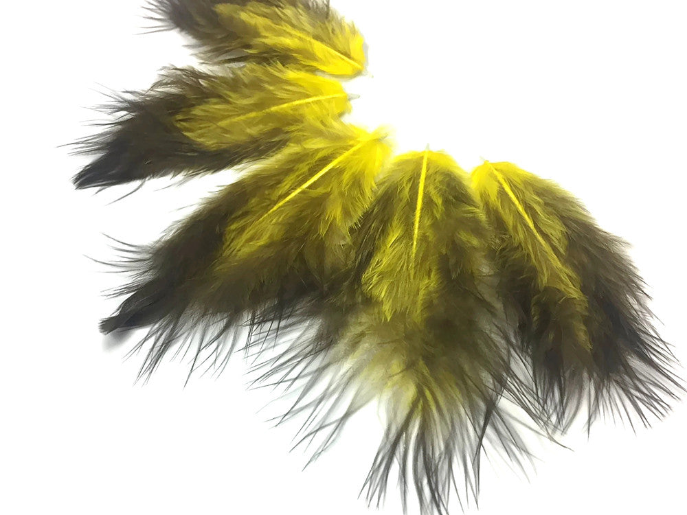 1 Dozen - Solid Yellow & Black Mini Rooster Chickabou Fluff Whiting Hair Feathers