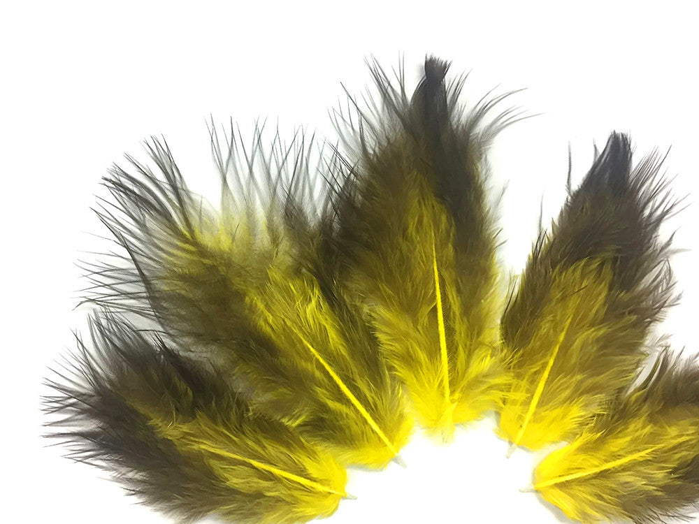 1 Dozen - Solid Yellow & Black Mini Rooster Chickabou Fluff Whiting Hair Feathers