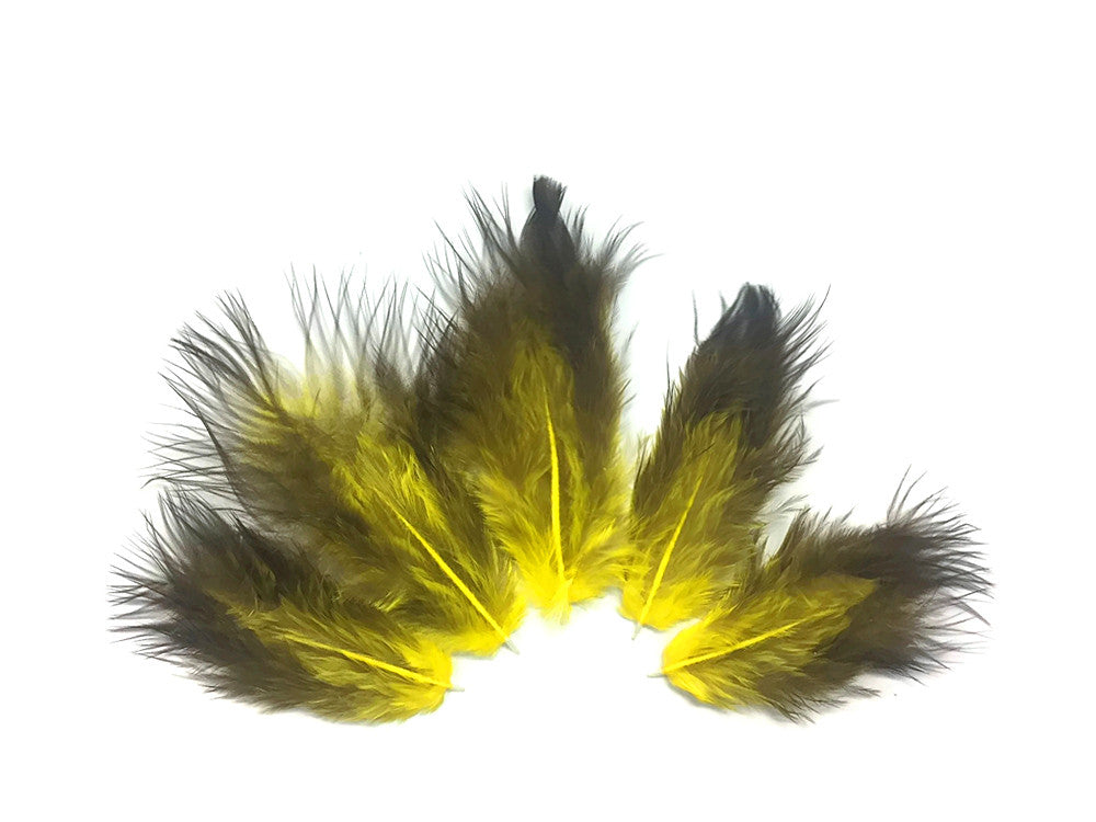 1 Dozen - Solid Yellow & Black Mini Rooster Chickabou Fluff Whiting Hair Feathers