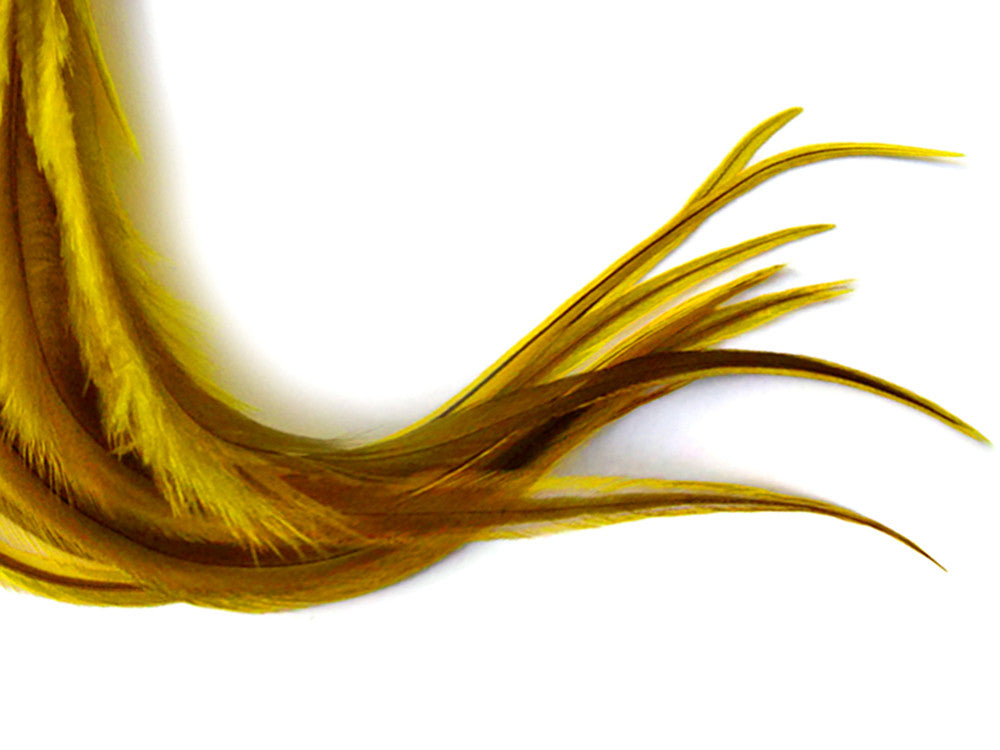 1 Dozen - Medium Yellow Badger Rooster Saddle Whiting Hair Extension Feathers