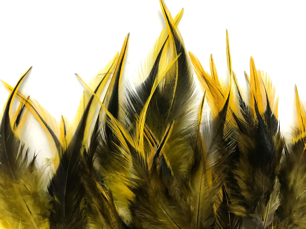 1 Dozen - Short Yellow Badger Whiting Farm Rooster Saddle Hair Extension Feathers