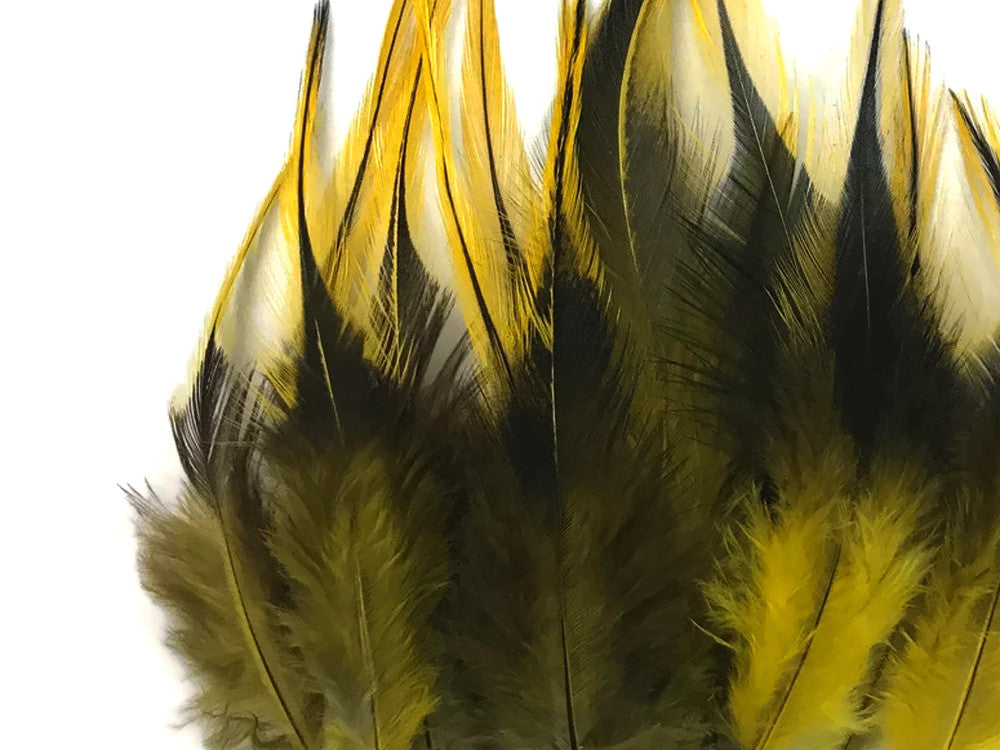 1 Dozen - Short Yellow Badger Whiting Farm Rooster Saddle Hair Extension Feathers