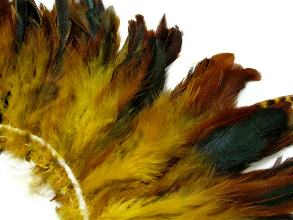 4 Inch Strip - Yellow Dyed Half Bronze Strung Rooster Schlappen Feathers