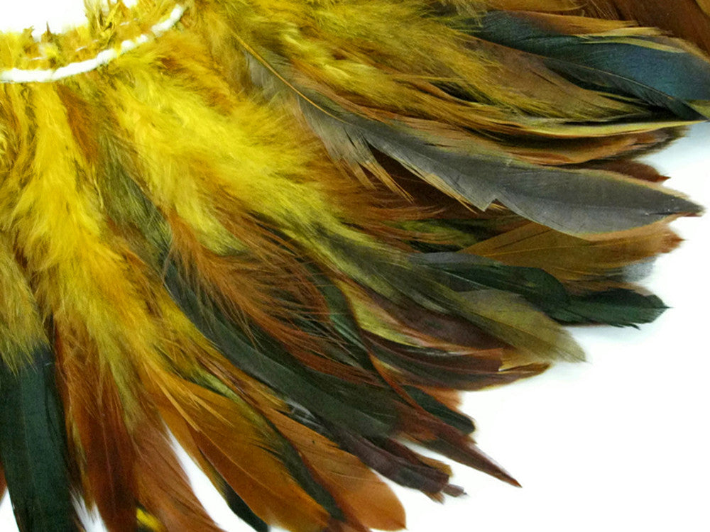 4 Inch Strip - Yellow Dyed Half Bronze Strung Rooster Schlappen Feathers