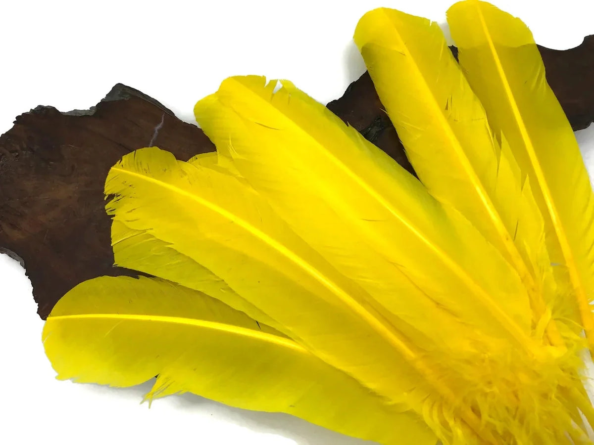 Bright yellow craft feathers arranged on a dark wooden base for DIY fashion and decor.